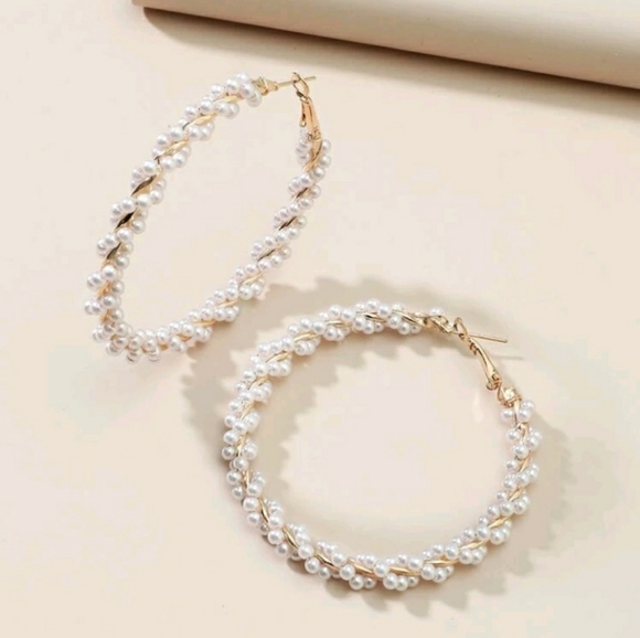 Faux Pearl Hoop Earrings - Picture 2 of 3
